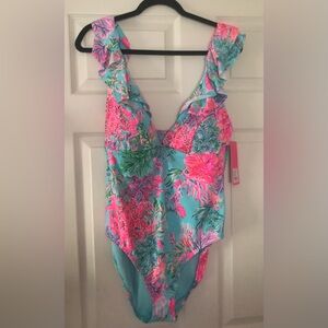 NWT Lilly Pulitzer Huey Ruffle One Piece in Celestial Blue Cay To My Heart sz14